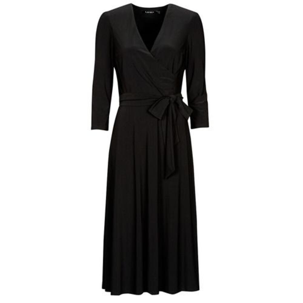 LAUREN Ralph Lauren Women's Black Belted V-Neck Fit & Flare Dress - Picture 5 of 11